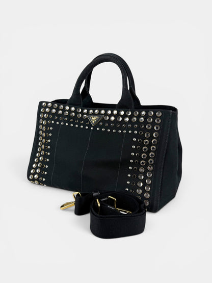 2000s Prada Black Canapa Studded 2-Way Handbag | O/S, Multicoloured