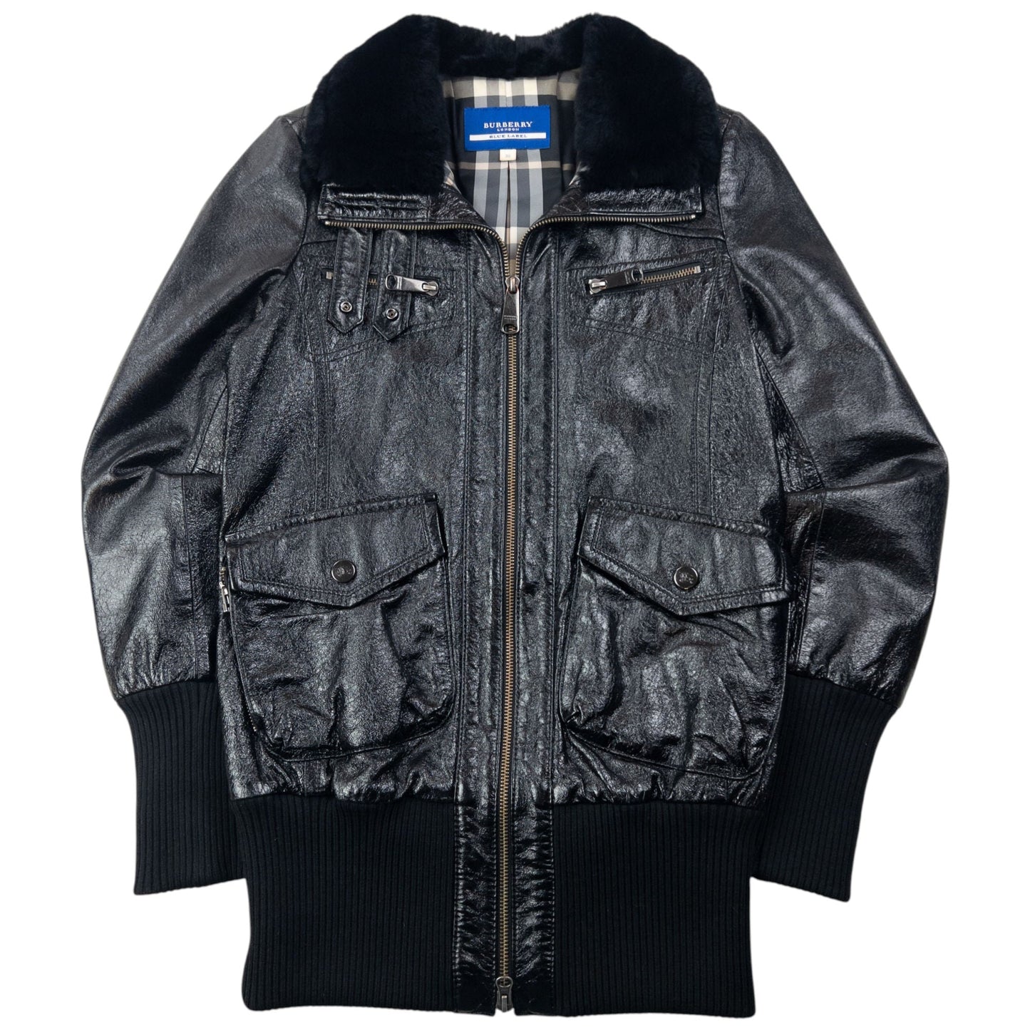Vintage 2000s Burberry Fur Collar Nova Check Lined Leather Jacket Womens Size L | Large, Black