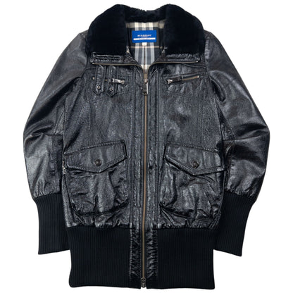 Vintage 2000s Burberry Fur Collar Nova Check Lined Leather Jacket Womens Size L | Large, Black
