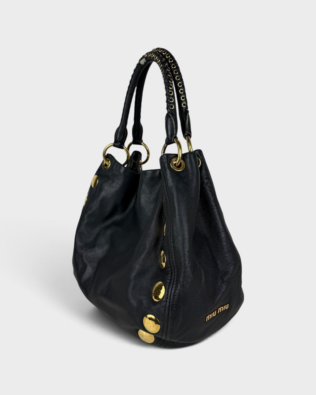 2010s Miu Miu Black Leather Studded Bucket Bag | O/S, Multicoloured