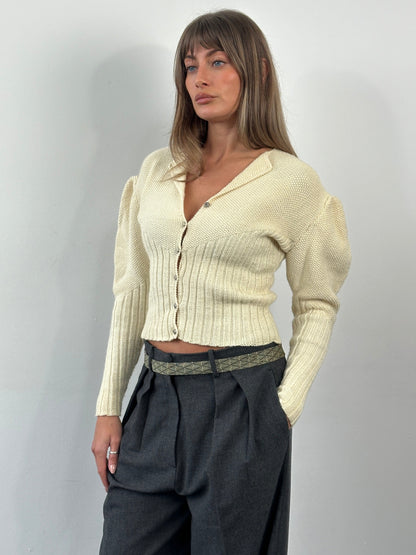 Vintage 1980s Wool Puff Sleeve Knitted Cardigan - S/M