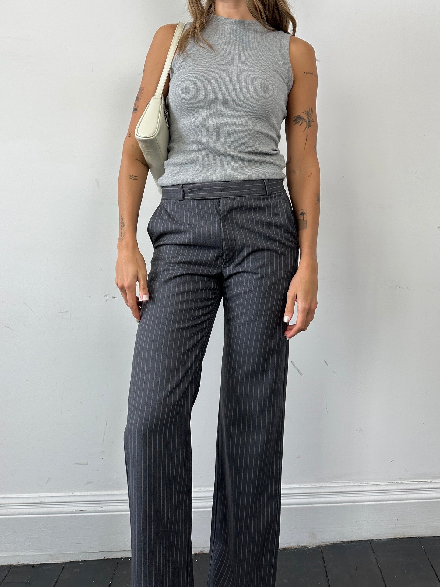 Christian Dior Pinstripe Wool Mid Waist Straight Leg Trousers - W30