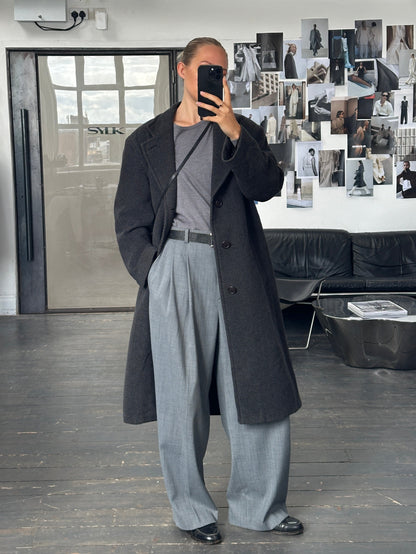 Italian Vintage 1980s Wool Cashmere Herringbone Coat - XL