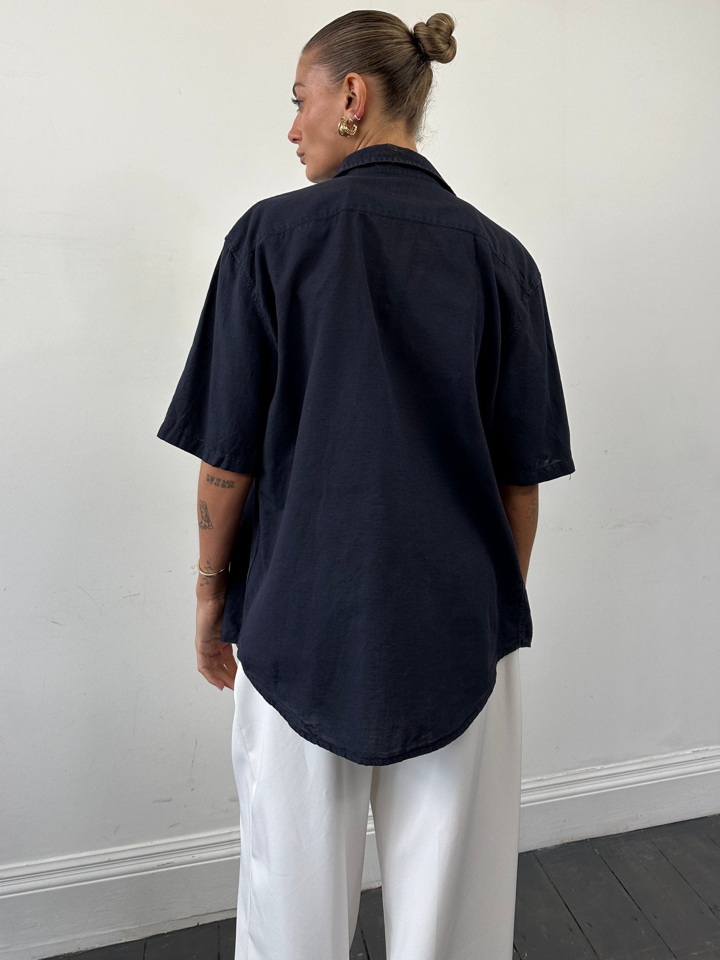 Armani Jeans Cotton Linen Logo Short Sleeve Shirt - L