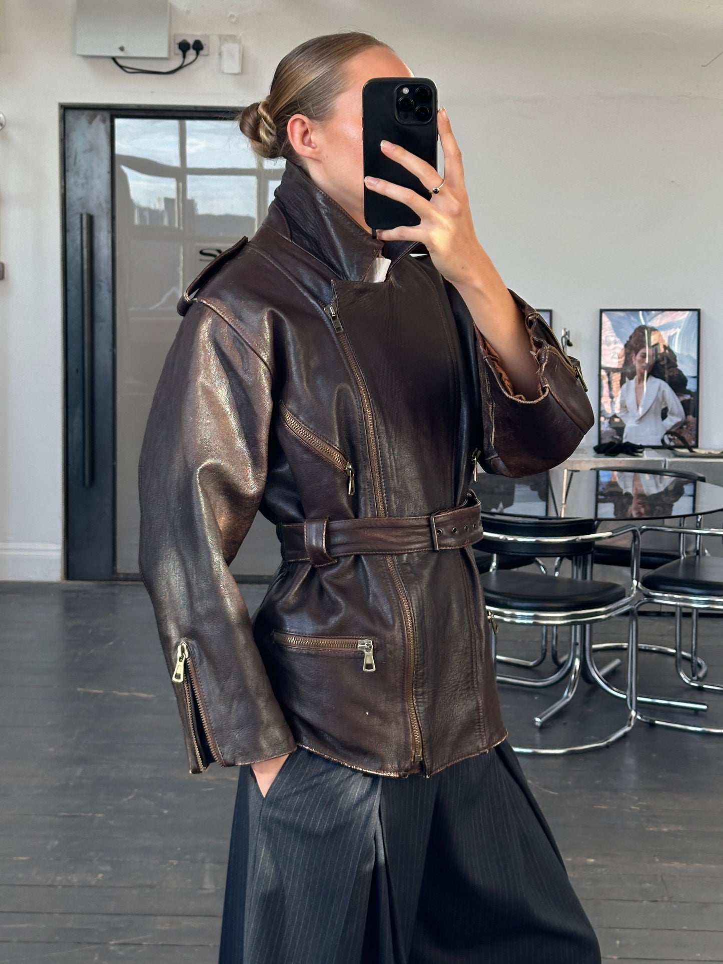 Italian Vintage 1990s Aged Belted Leather Jacket - M