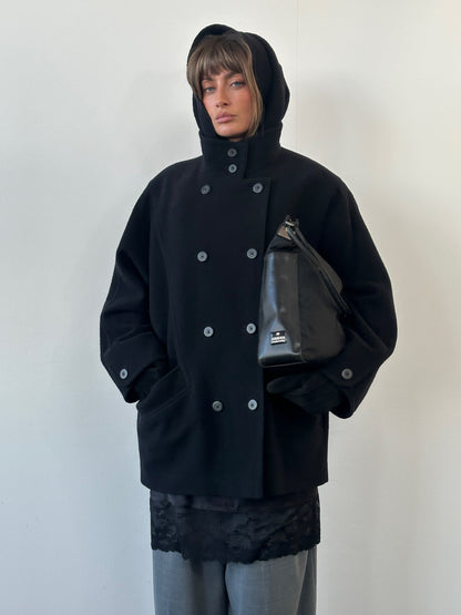 St Michael 1980s Pure Wool High Neck Double Breasted Coat - XL