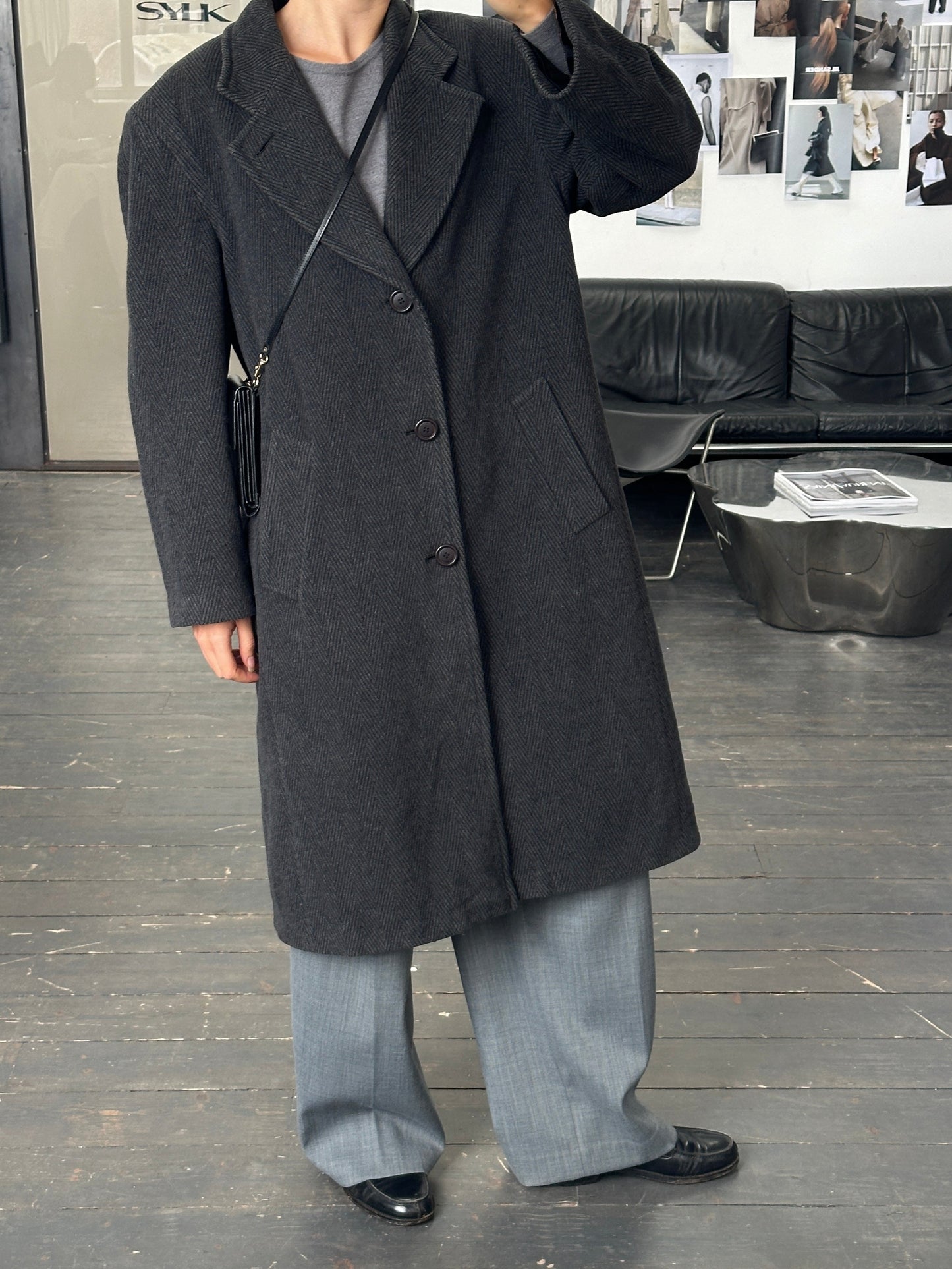 Italian Vintage 1980s Wool Cashmere Herringbone Coat - XL