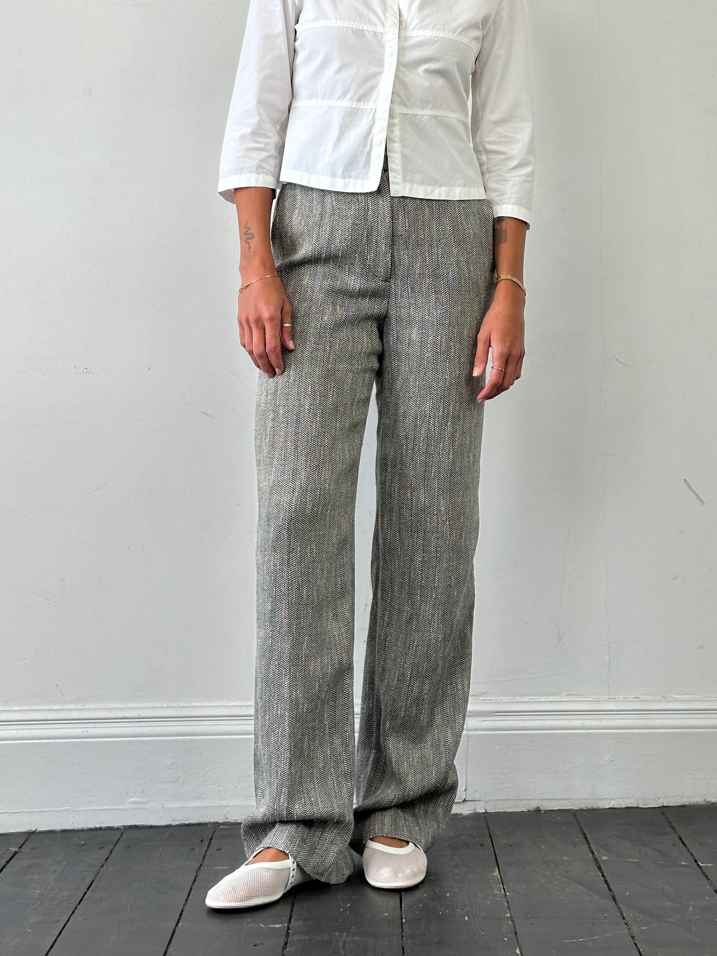 Max Mara Cotton Linen Herringbone High Waisted Trousers - W28