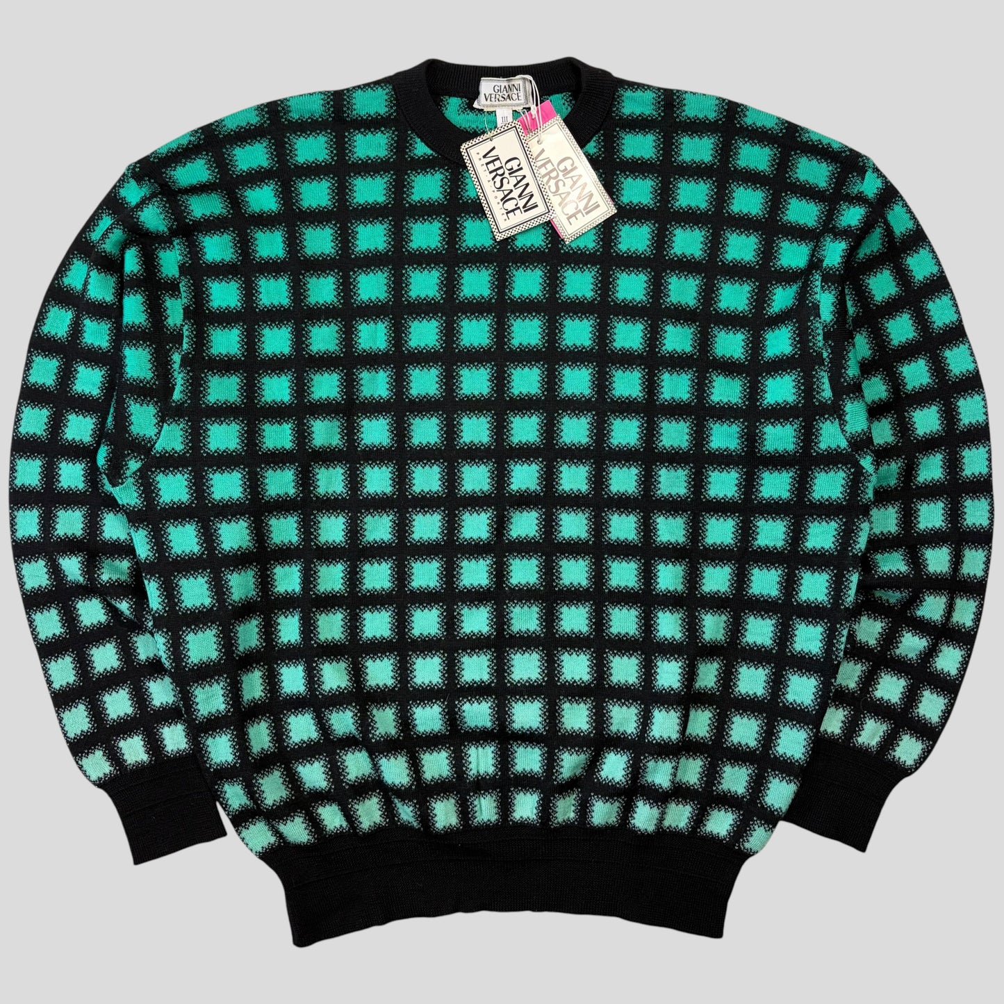 Gianni Versace 1991 Gradient Grid Graphic Knitted Wool Jumper - M/L | O/S, Black