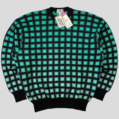 Gianni Versace 1991 Gradient Grid Graphic Knitted Wool Jumper - M/L | O/S, Black