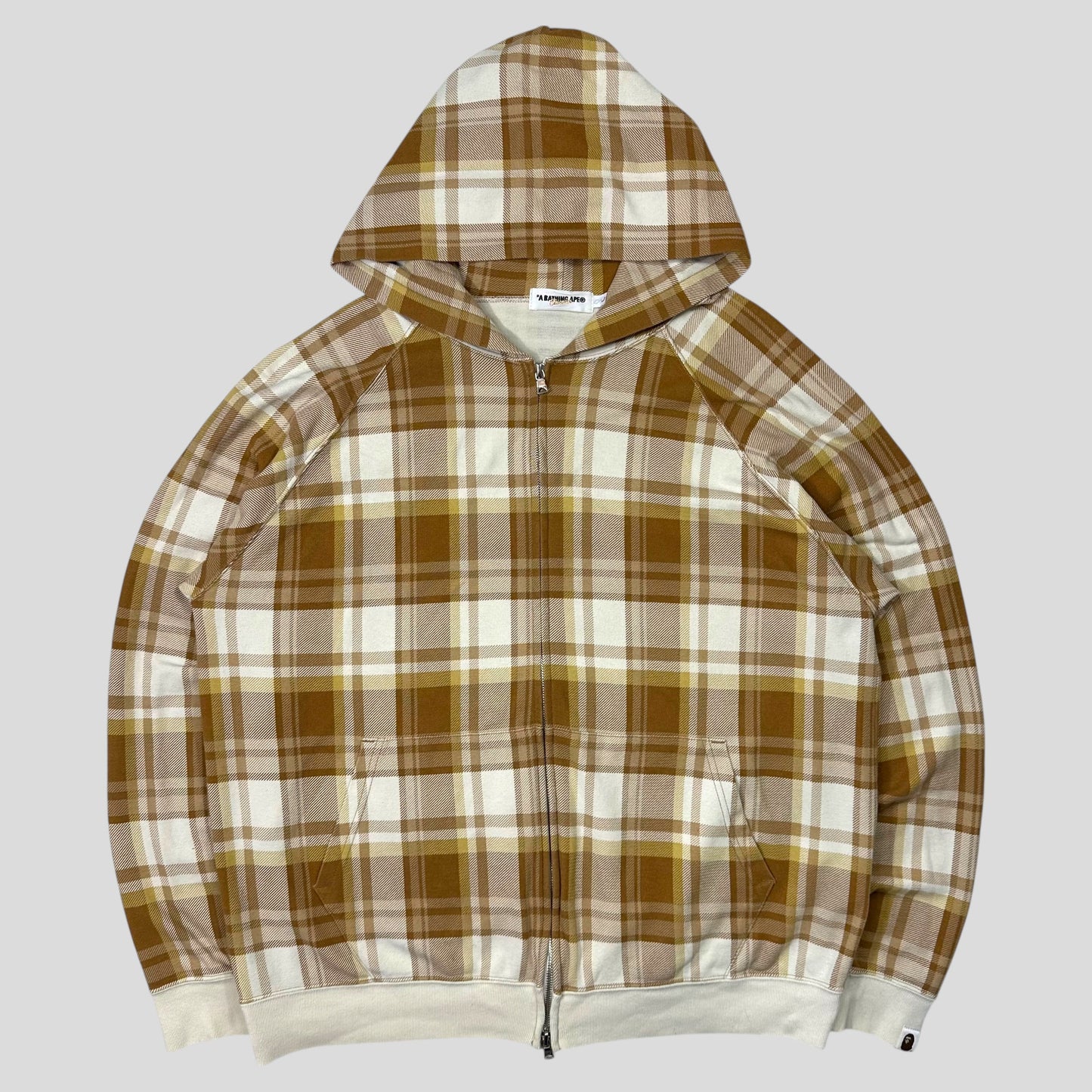 Bape 00’s Plaid Tartan Caramel Latte Cotton Zip-up Hoodie - L
