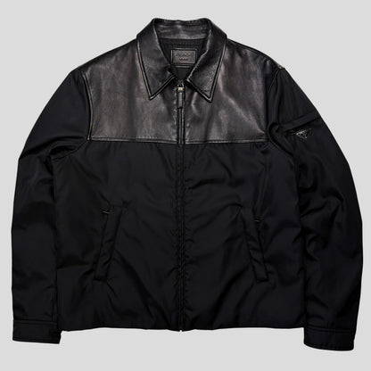 Prada 2013 Triangle Logo Gabardine Nylon & Leather Blouson Jacket - L/XL | O/S, Black