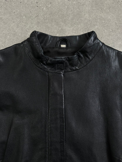Vintage 1990s Minimal Round Neck Leather Jacket - M