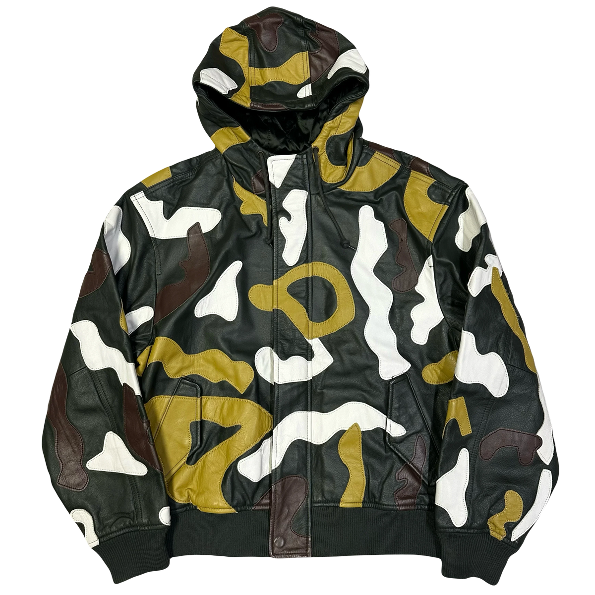 Supreme FW19 Camo Hooded Leather Jacket in a multi-color camouflage pattern.