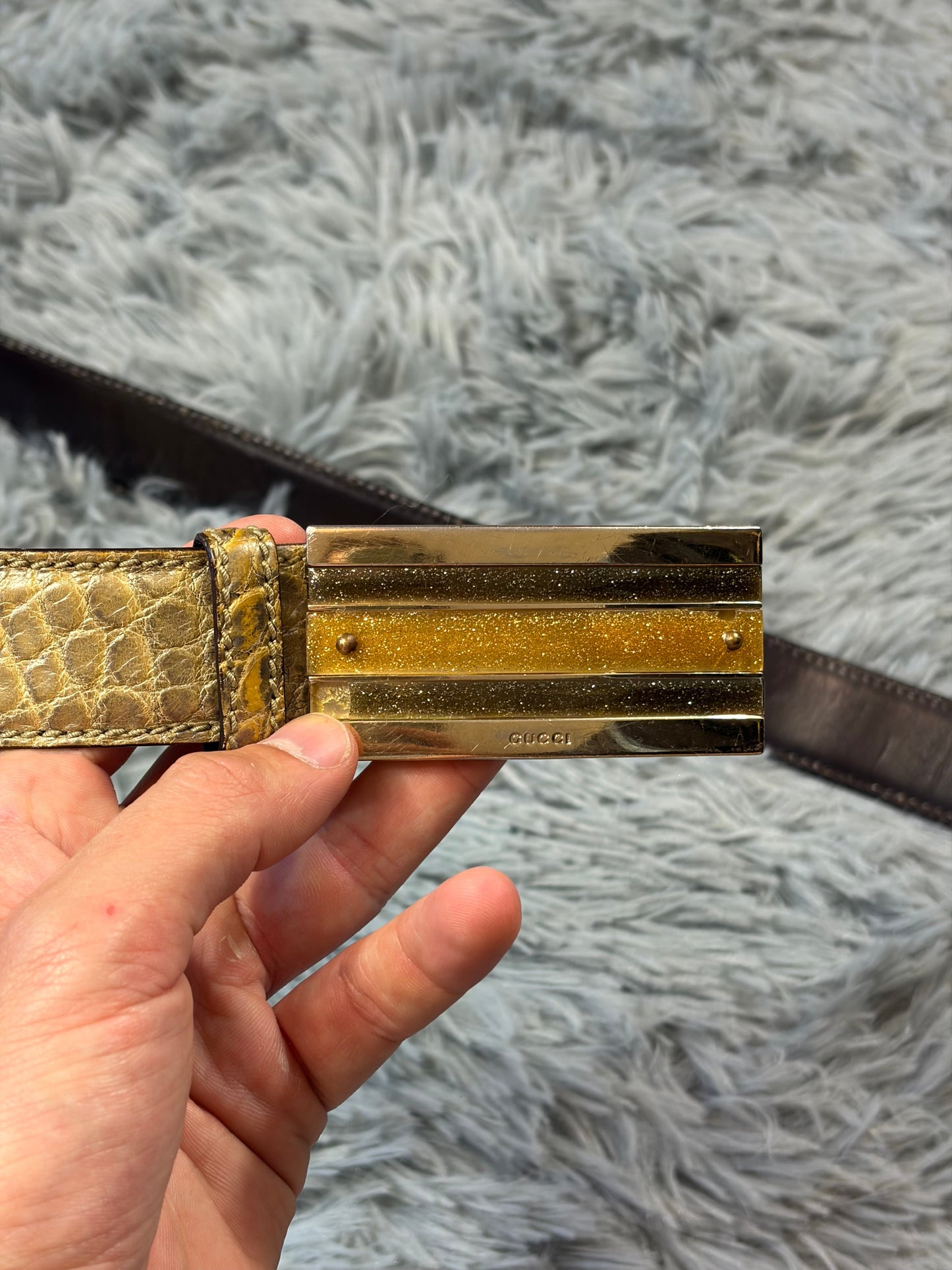 Gucci by Tom Ford 00’s Metallic Crocodile Leather Web Belt | O/S, Gold