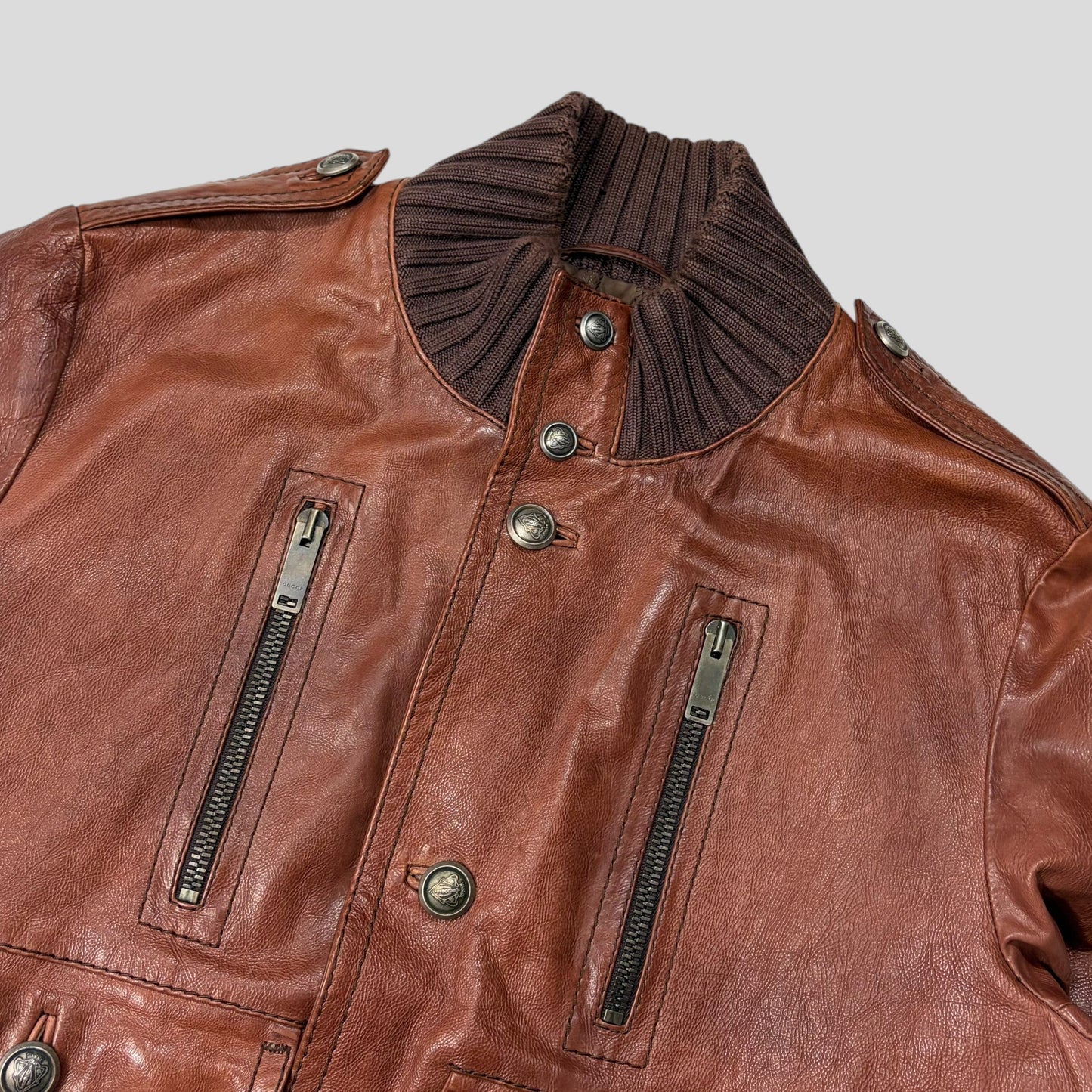 Gucci 2006 Madonna Cognac Leather Crest Button Bomber Jacket - L | Default Title, Brown