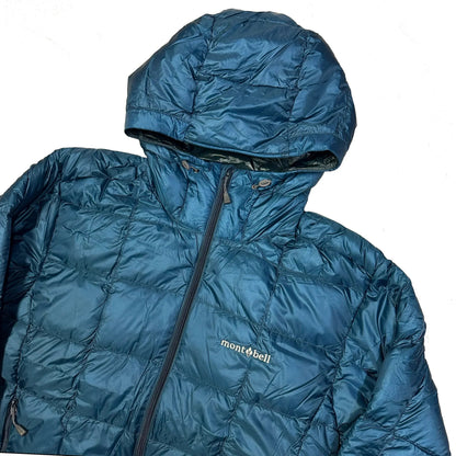 Blue Montbell Superior Down Parka puffer jacket with hood