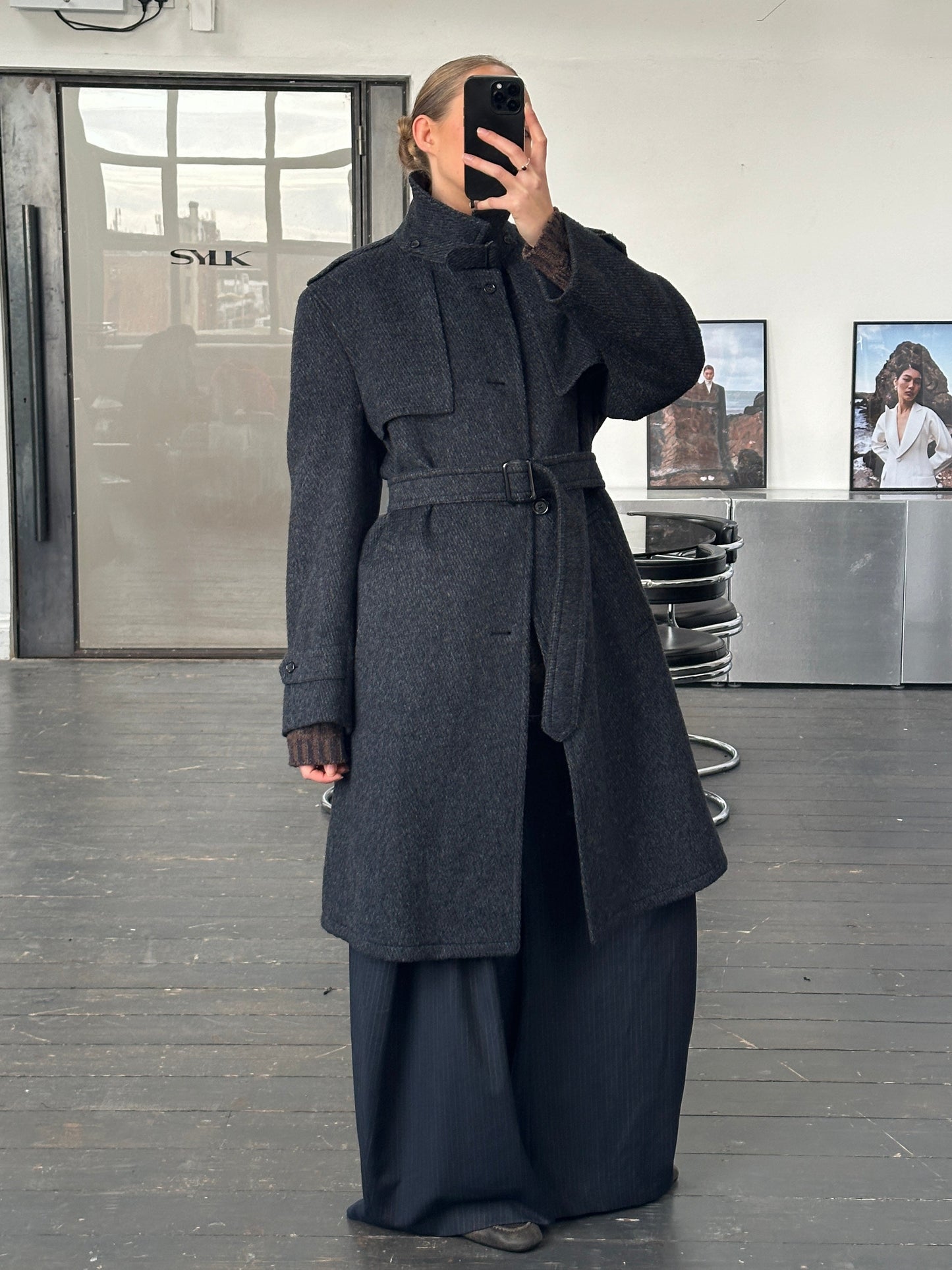 Vintage 1990s Pure Brushed Wool High Neck Belted Coat - XL
