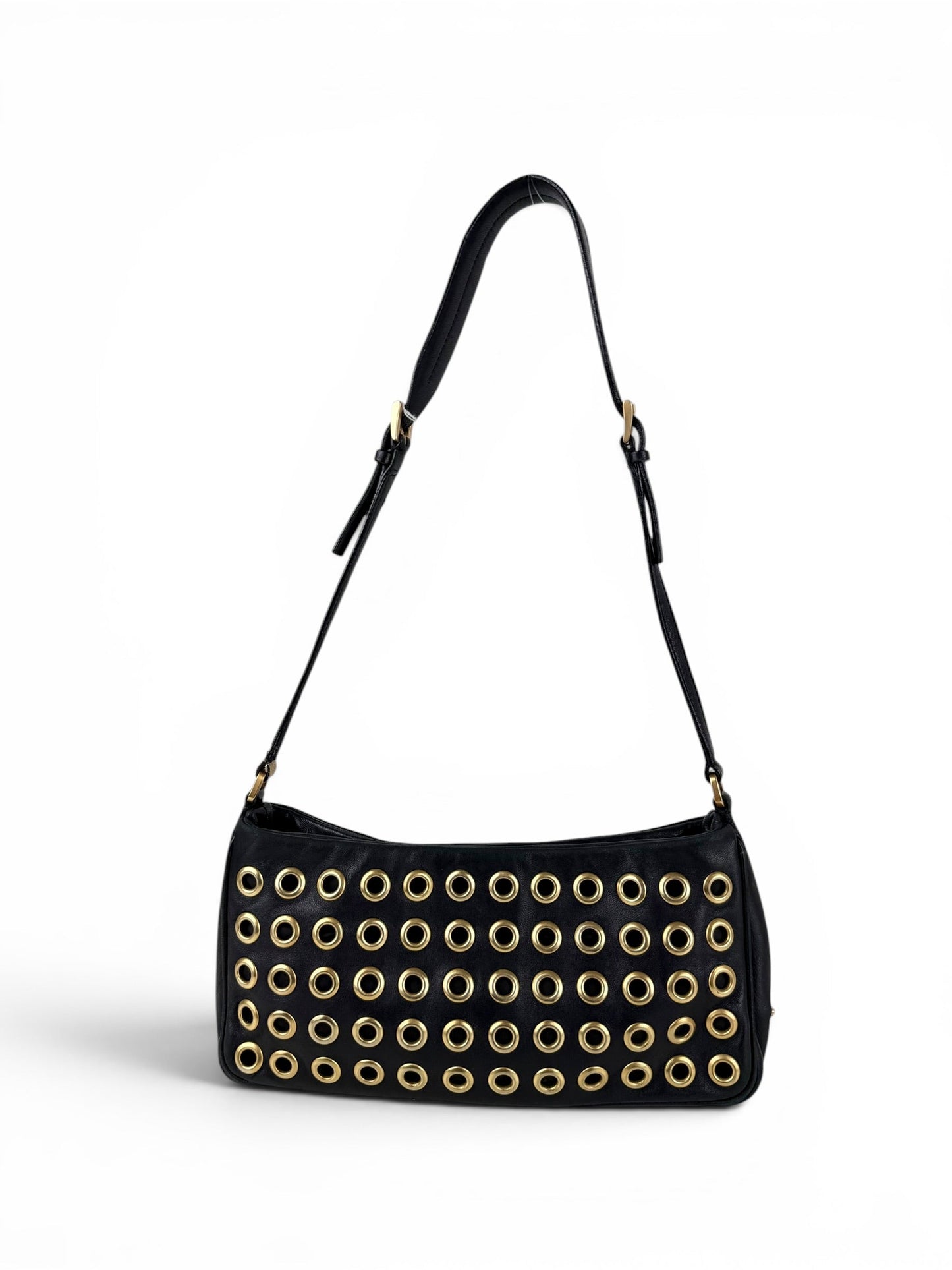 2000s Prada Black Leather Grommet Shoulder Bag | O/S, Black