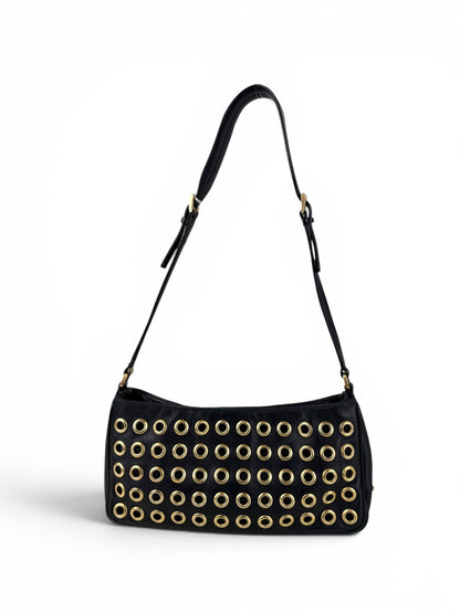 2000s Prada Black Leather Grommet Shoulder Bag | O/S, Black