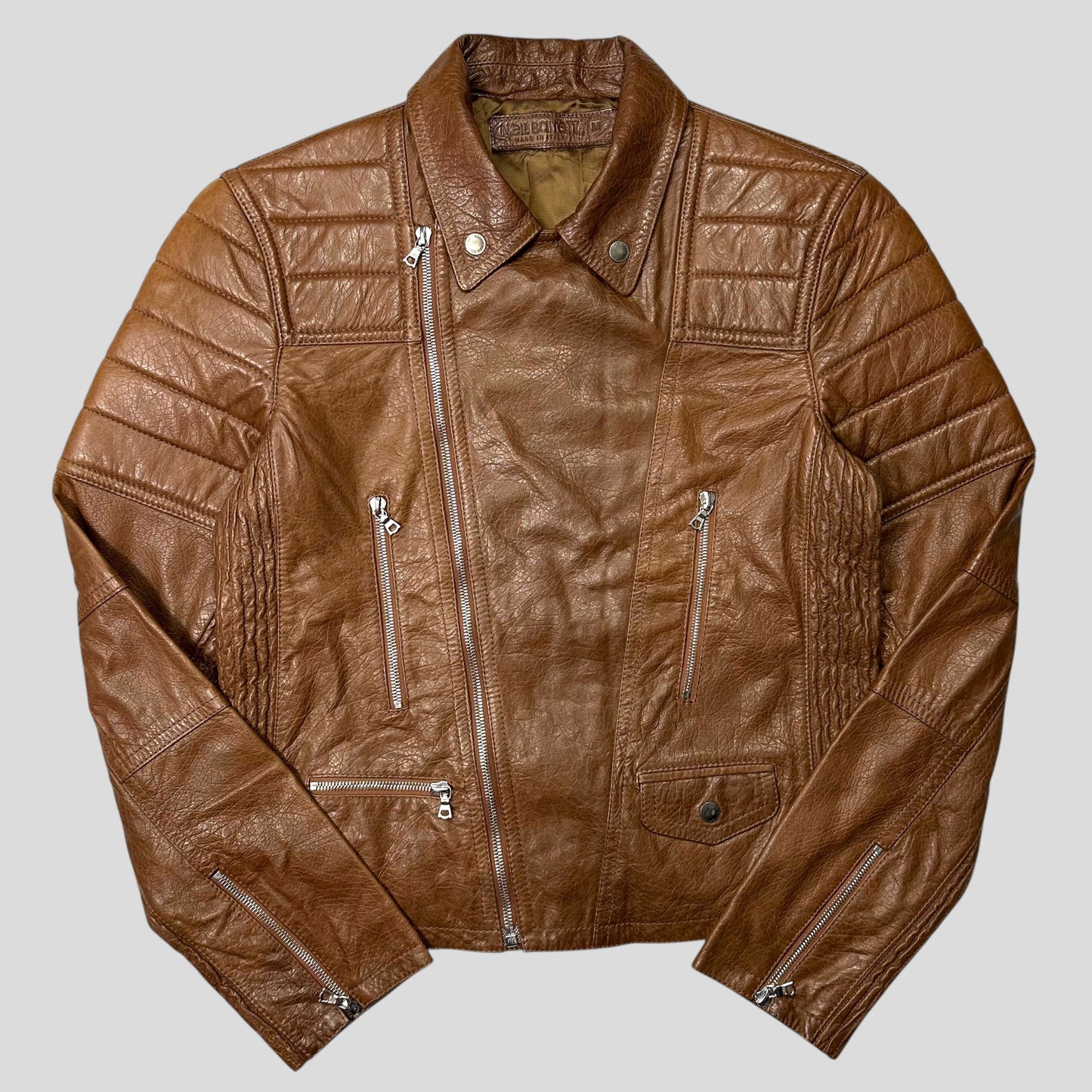 Neil Barrett 2012 Leather Padded Brown Multipocket Moto Jacket - S