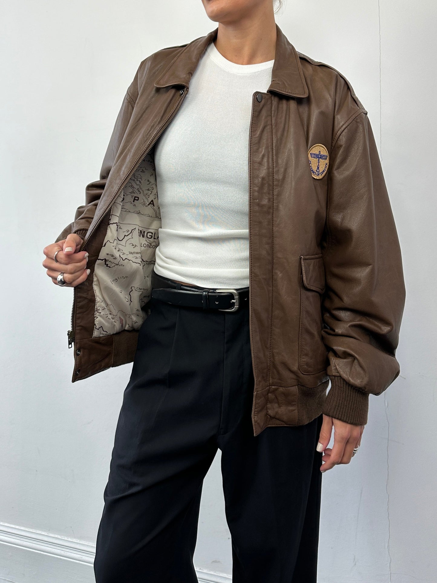 Vintage Embroidery Aviator Leather Bomber Jacket - M/L