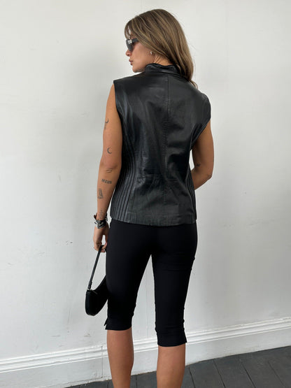 Vintage Leather Double Zip Pleated Vest Gilet Jacket - L - Known Source