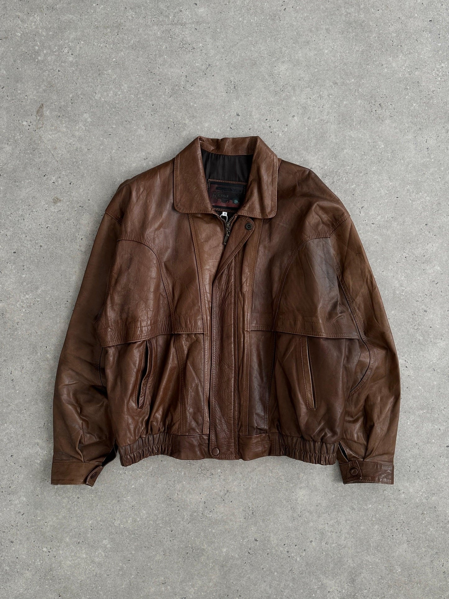 Vintage Tobacco Leather Bomber Jacket - XL - Known Source