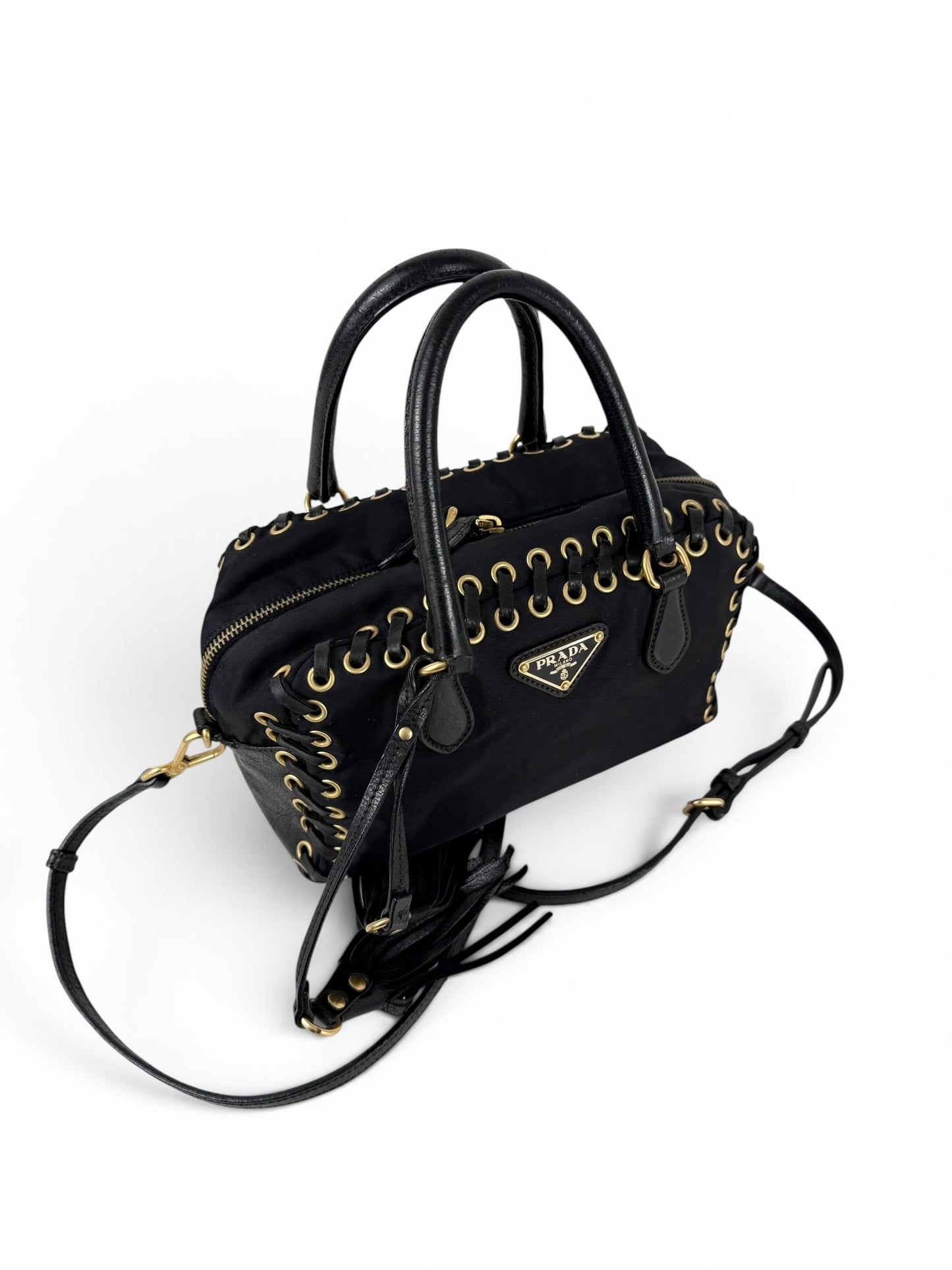 2000s RARE Prada Nylon Grommet Stitch 2Way Handbag | O/S, Black