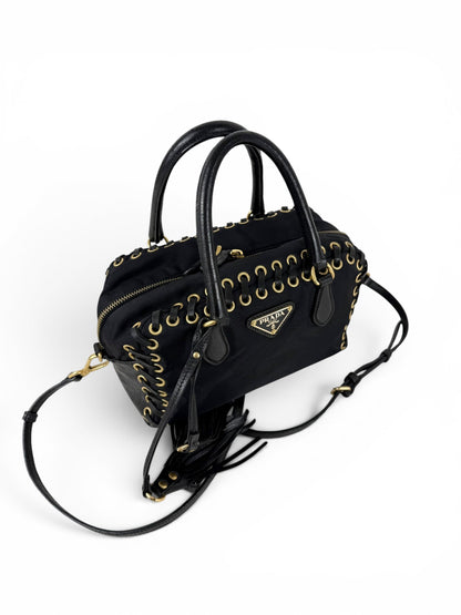 2000s RARE Prada Nylon Grommet Stitch 2Way Handbag | O/S, Black