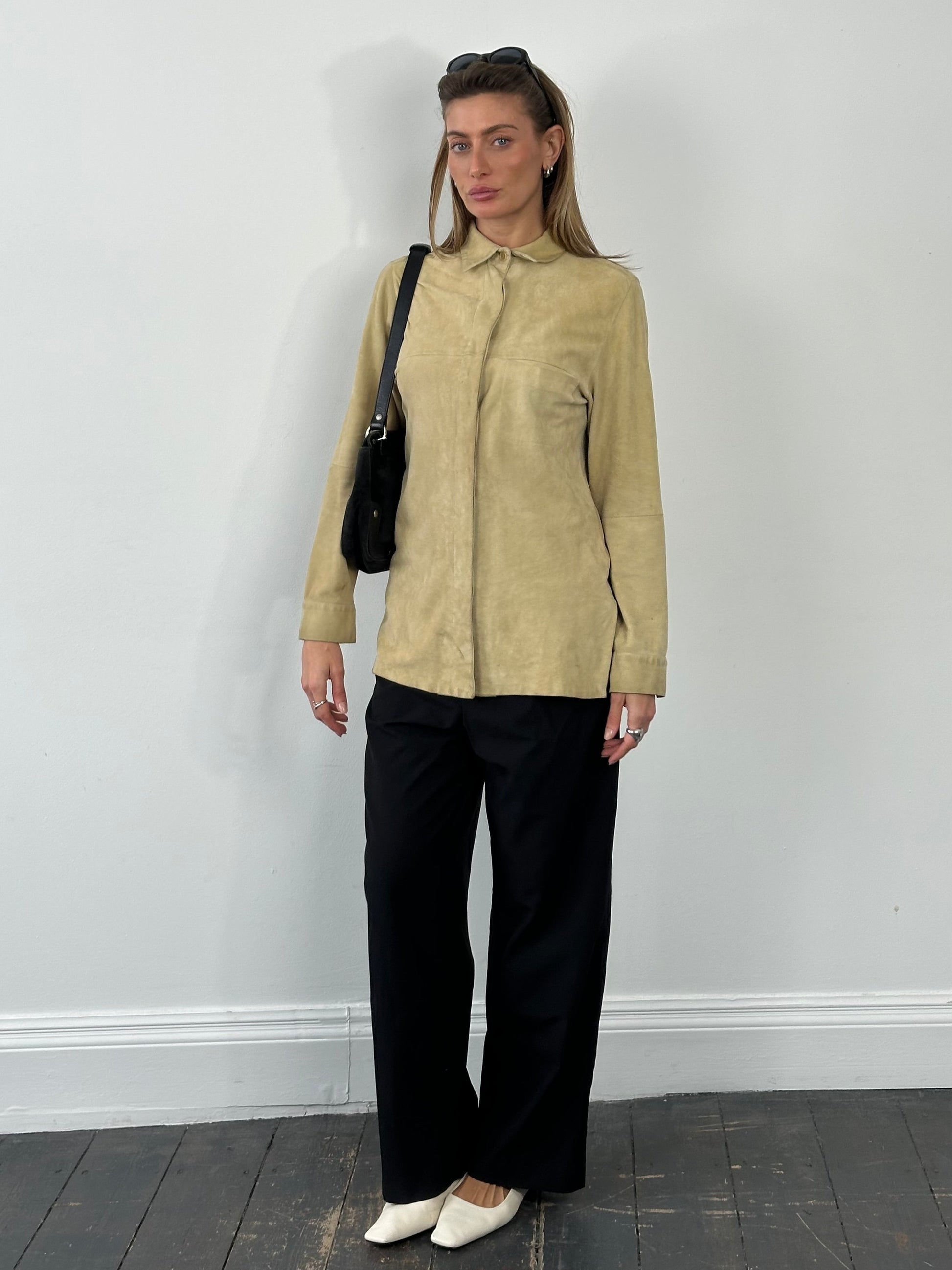 Marella 1990s suede minimal shirt in size M, featuring a sleek design and soft suede fabric, displayed on a white background.