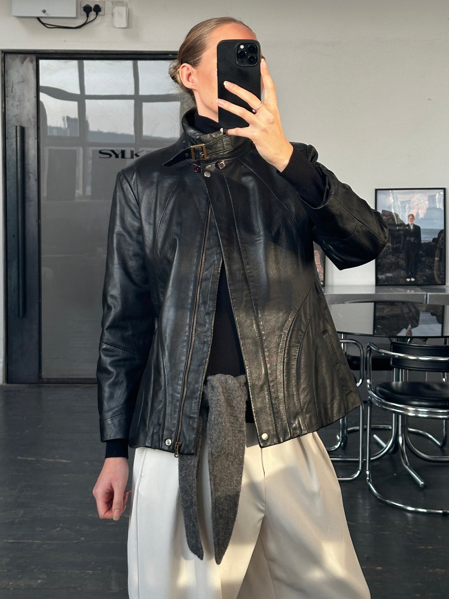 Italian Vintage 1990s High Neck Leather Jacket - M