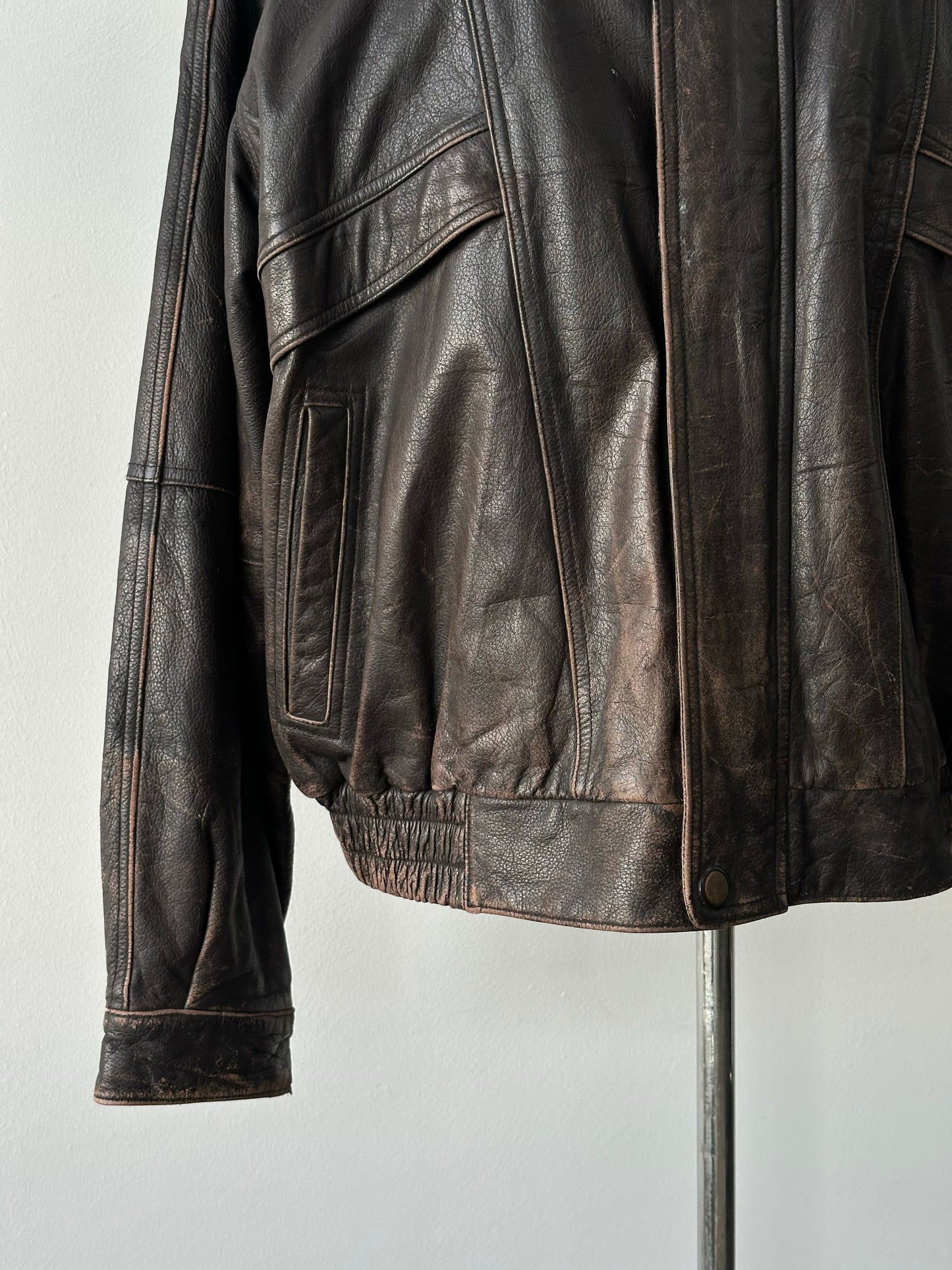 Vintage 1990s Distressed Leather Bomber Jacket - XL