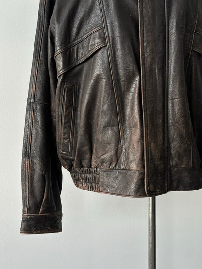 Vintage 1990s Distressed Leather Bomber Jacket - XL
