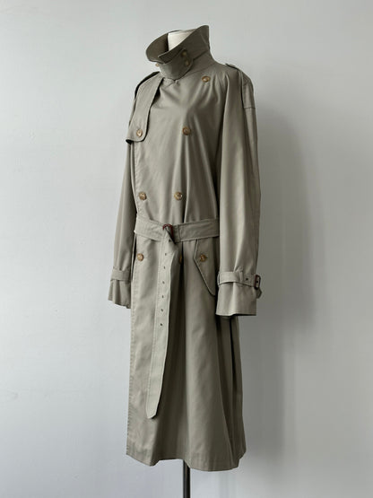 Vintage Italian 1990s high neck belted trench coat in XL, showcasing classic design, high collar, and belt detail on a neutral background.