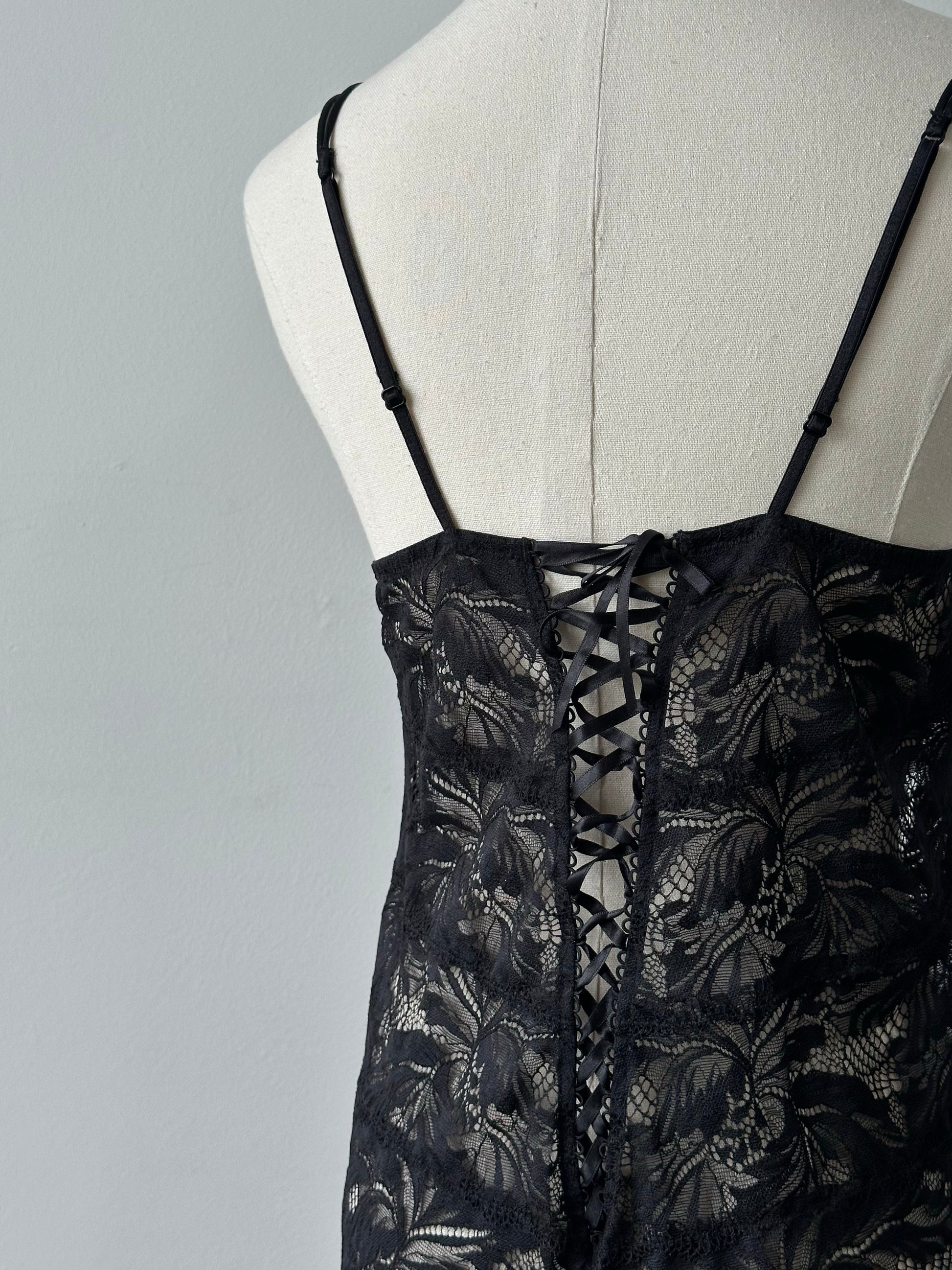 Vintage 1990s Sheer Lace Up Bodysuit - M