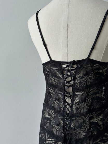 Vintage 1990s Sheer Lace Up Bodysuit - M