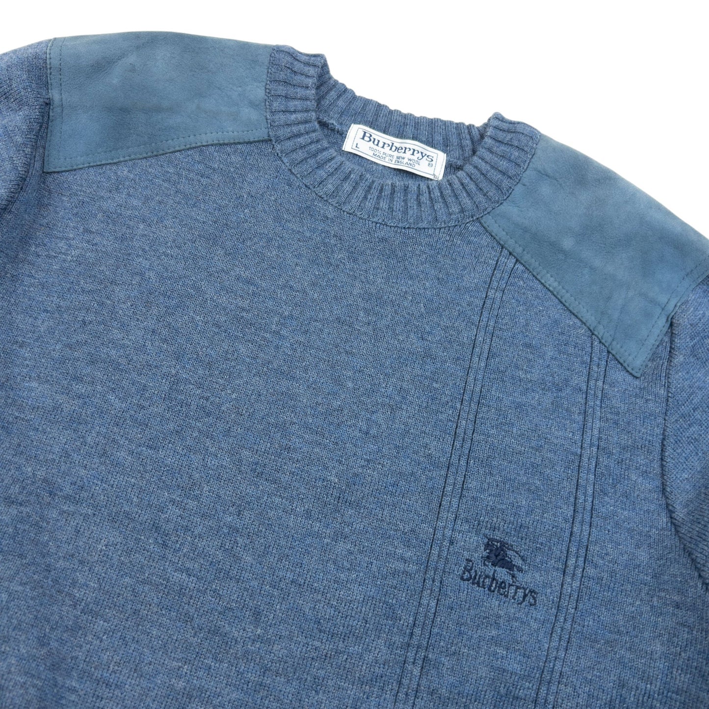 Vintage 90s Burberry Suede Patch Wool Jumper Size M | Large, Blue