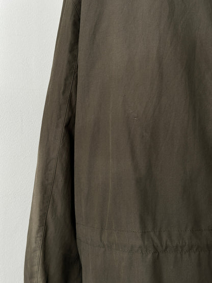 Ralph Lauren Chaps 1990s wool collar cotton trench coat, front view showing classic beige trench with belt and collar details.