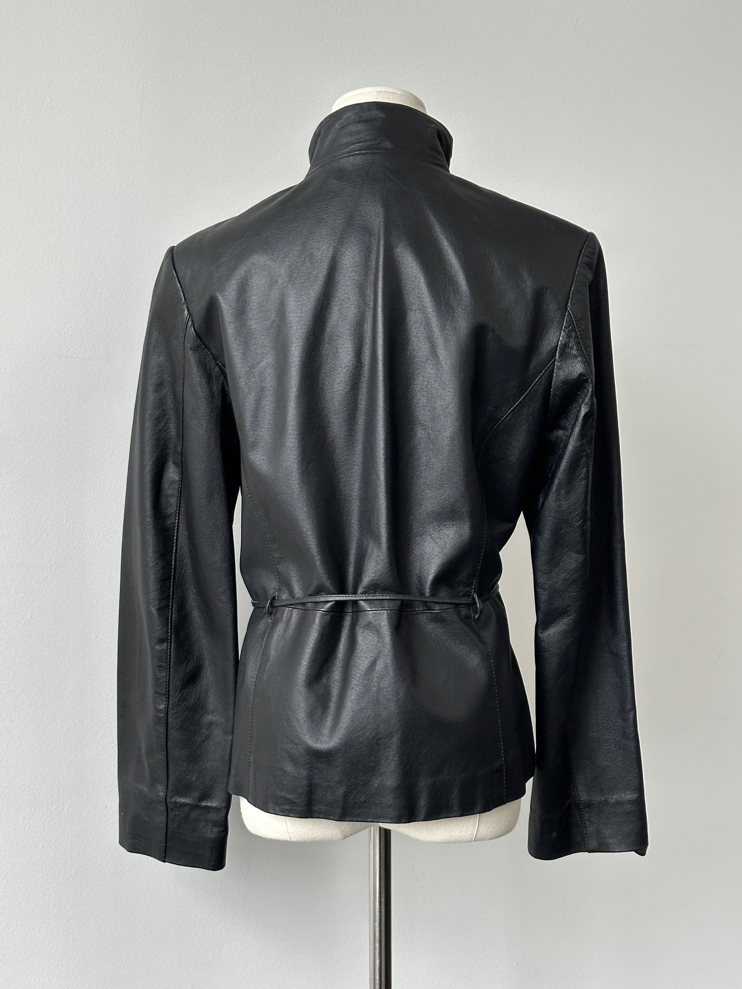Vintage 2000s Tie Belt High Neck Leather Jacket -