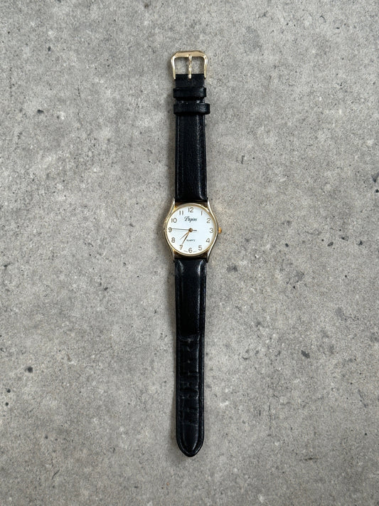 Vintage 1990s Gold Tone Quartz Leather Watch