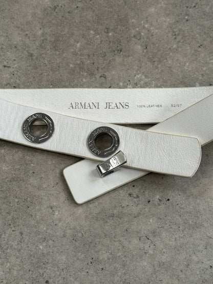 Armani Jeans 1990s Silver Eyelet Logo Leather Belt - W26-32
