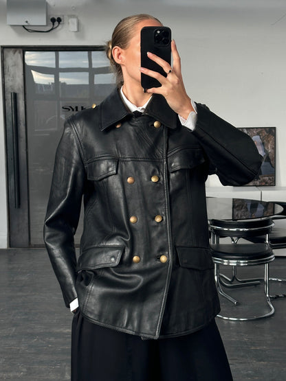 Vintage 1980s Double Breasted Military Leather Jacket - M/L
