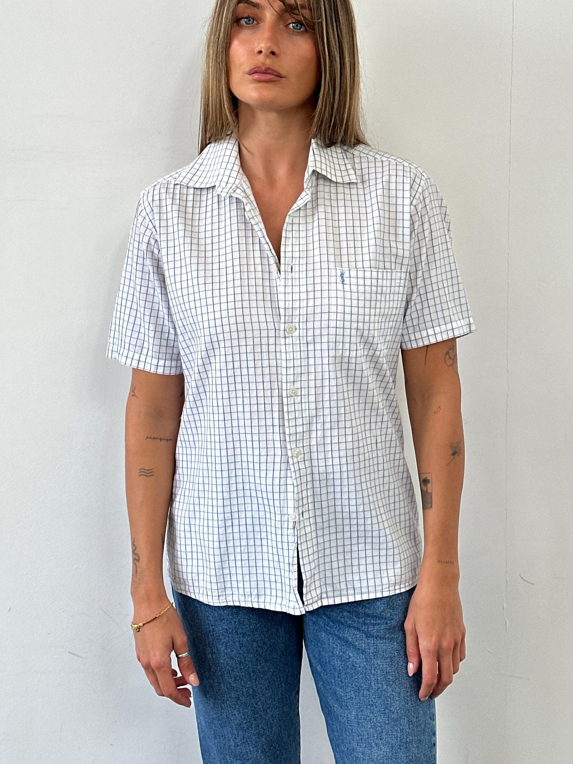 Yves Saint Laurent Check Pure Cotton Short Sleeve Logo Shirt - M - Known Source