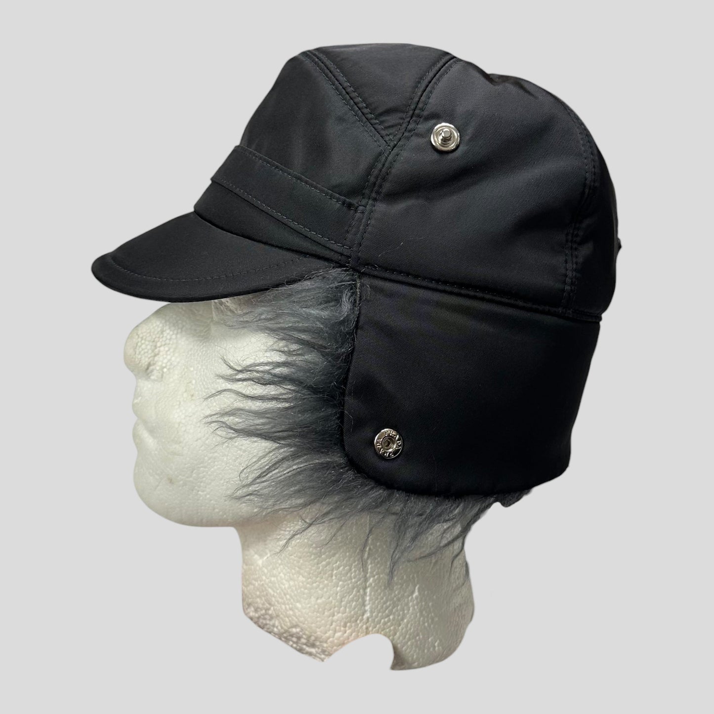 Prada Milano FW19 Mohair & Wool Triangle Logo Nylon Trapper Hat - S/M