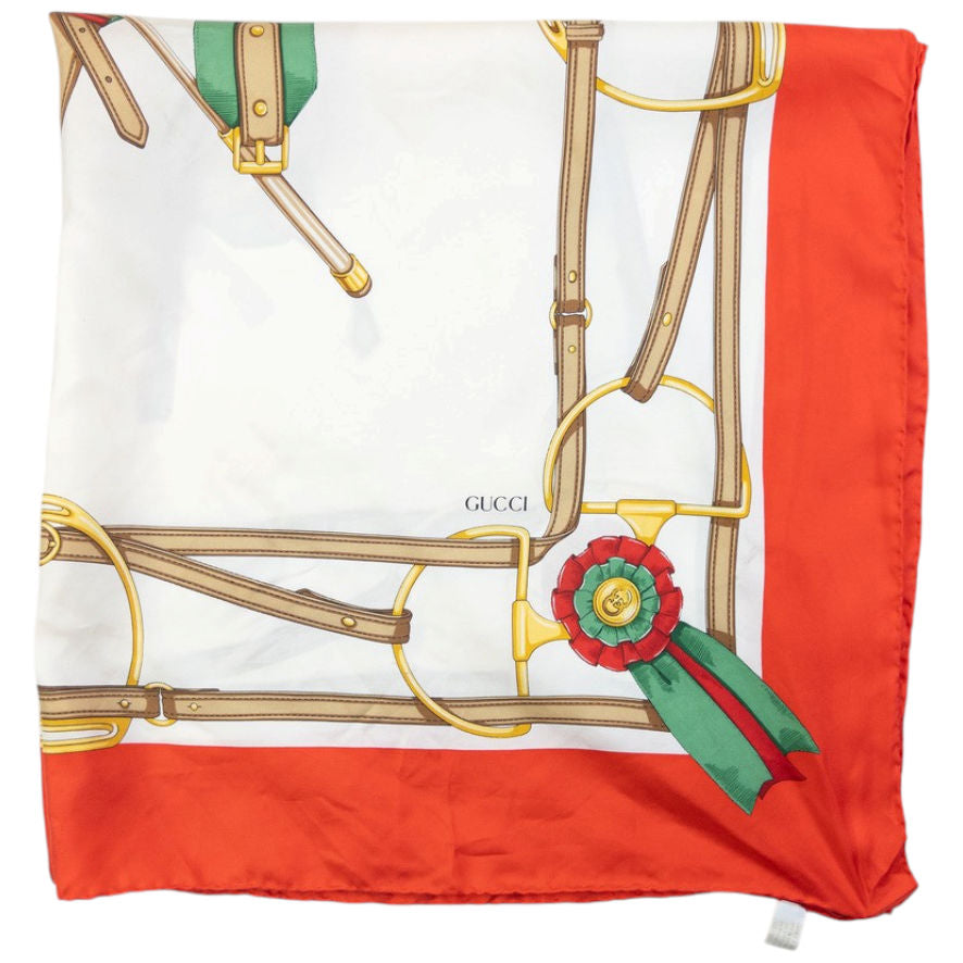 Vintage 80s Gucci Equestrian Horse Harness Print Silk Scarf | O/S, Orange and White