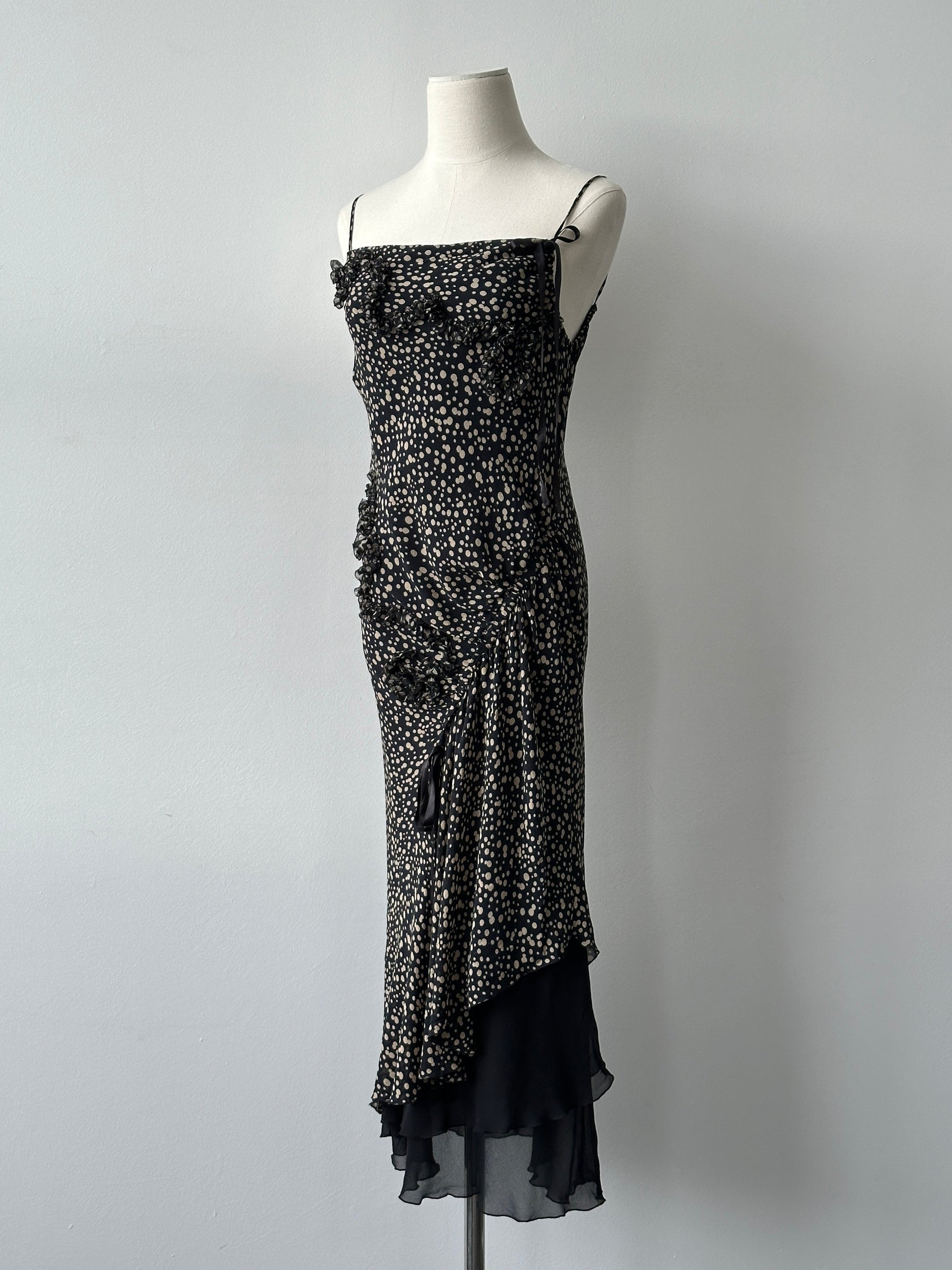 Vintage 2000s Silk Asymmetric Ruffle Print Dress - S-M