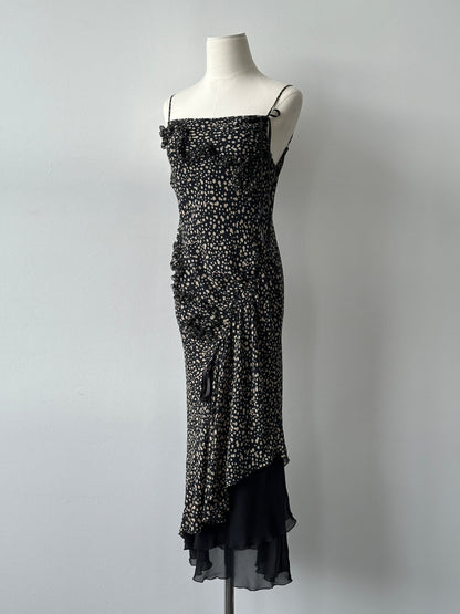 Vintage 2000s Silk Asymmetric Ruffle Print Dress - S-M