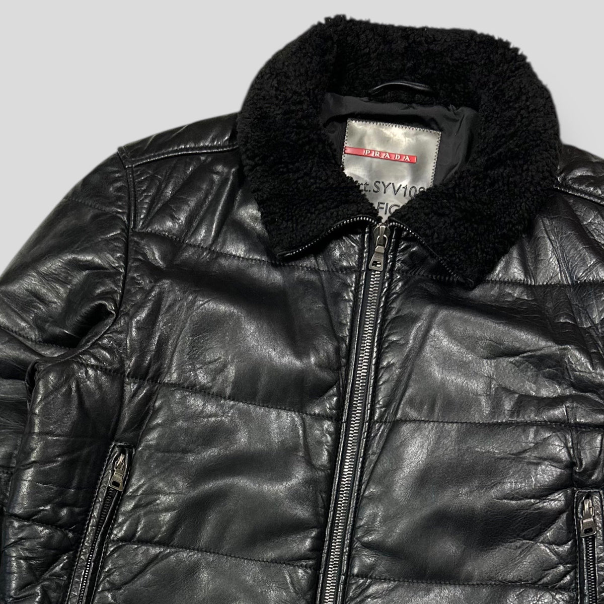 Prada Sport 00’s Leather Aviator Shearling Fur Collar Hooded Puffer - IT52 (L) | Large, Black