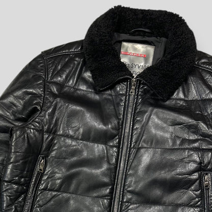 Prada Sport 00’s Leather Aviator Shearling Fur Collar Hooded Puffer - IT52 (L) | Large, Black